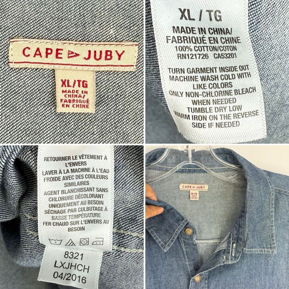Men's Shirt XL Blue Denim Long Sleeve Button Up Pockets Classic Cotton Cape Juby - Picture 9 of 16